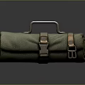 Green Canvas Utility Bag With Metal Handle And Leather Buckle Straps