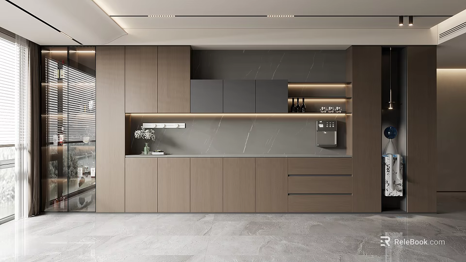 Modern Elegant Wine Cabinet Design With Gray Marble Countertop And LED Light Strips 3d model 