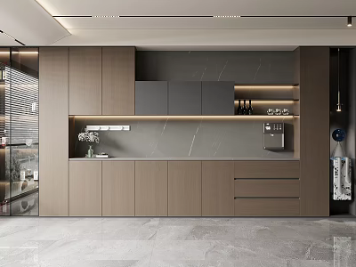 Modern Elegant Wine Cabinet Design With Gray Marble Countertop And LED Light Strips 3d model