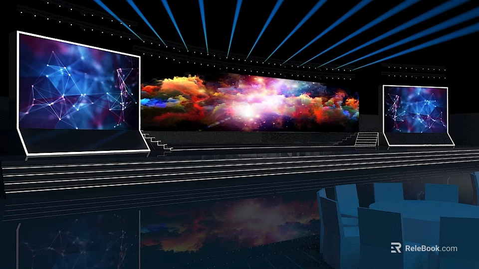 Contemporary Stage Design With Large Colorful Cloud Screens And Lighting Reflections 3d model 