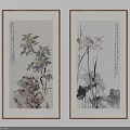 Chinese Traditional Botanical Paintings With Golden Frames Hanging On Wall Featuring Flowers And Calligraphy