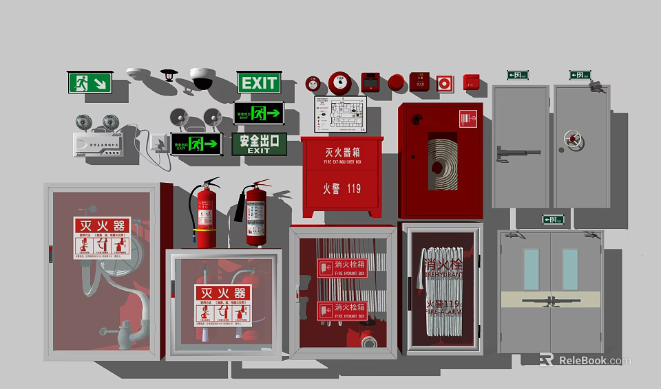 Complete Fire Equipment With Red Extinguishers Green EXIT Signs Cabinets And Alarm Buttons 3d model 