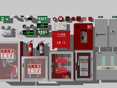Complete Fire Equipment With Red Extinguishers Green EXIT Signs Cabinets And Alarm Buttons 3d model