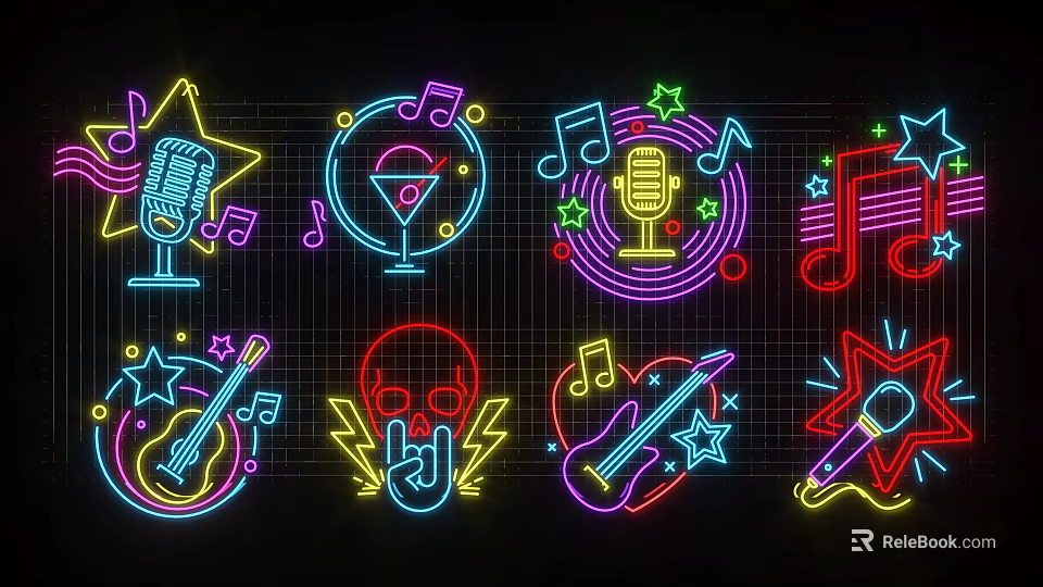 Neon Decorative Lights Featuring Microphone Music Notes Guitar Skull And Stars 3d model 