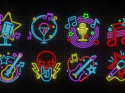 Neon Decorative Lights Featuring Microphone Music Notes Guitar Skull And Stars 3d model