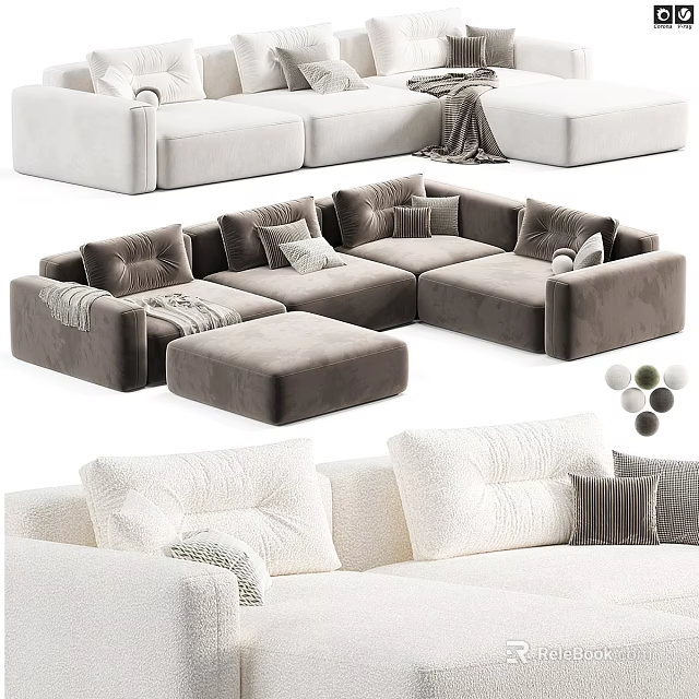 Gray and White Modern Sectional Sofa with Modular Design Plush Cushions Ottoman Throw Blanket 3d model 