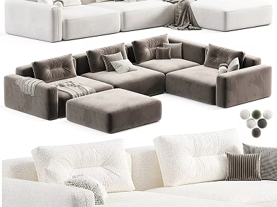 Gray and White Modern Sectional Sofa with Modular Design Plush Cushions Ottoman Throw Blanket 3d model