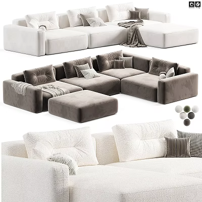 Gray and White Modern Sectional Sofa with Modular Design Plush Cushions Ottoman Throw Blanket 3d model
