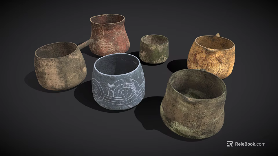 Handcrafted Clay Vessels with Textured Surfaces and Decorative Patterns for Daily Use 3d model 