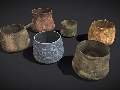 Handcrafted Clay Vessels with Textured Surfaces and Decorative Patterns for Daily Use 3d model