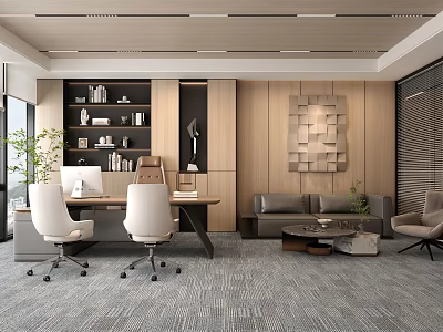 Modern Office Interior With Wooden Walls Desk Chairs Sofa Decorative Art And Plants 3d model
