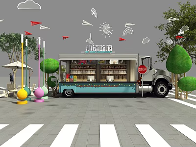 Vibrant Mobile Functional Vehicle Featuring Storefront Decorative Trees And Playful Elements 3d model
