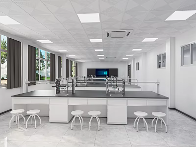 Modern Laboratory Interior With Lab Benches Stools Equipment And Bright Lighting 3d model