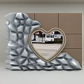 Silver Event Entrance With Petal Shaped Protrusions Heart Shaped Mirror Wooden Frame And Brown Cabinets