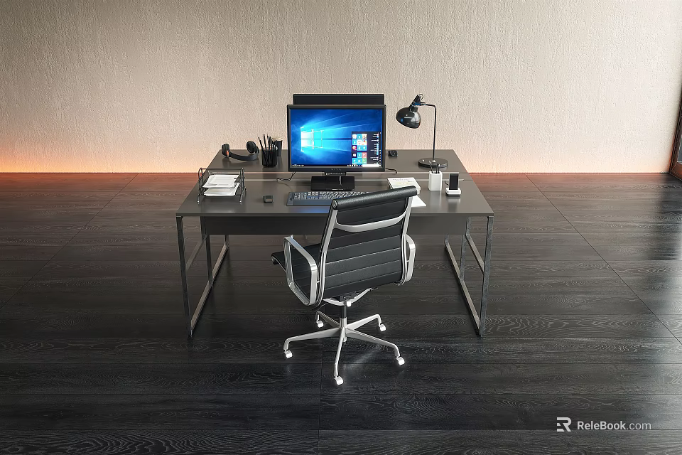 Modern Office Desk With Computer Monitor Desk Lamp Notebook Stationery And Ergonomic Office Chair 3d model 