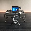 Modern Office Desk With Computer Monitor Desk Lamp Notebook Stationery And Ergonomic Office Chair