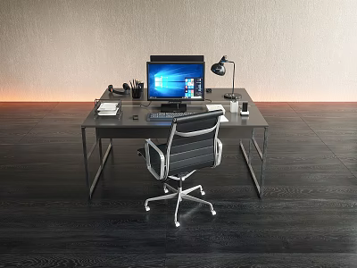 Modern Office Desk With Computer Monitor Desk Lamp Notebook Stationery And Ergonomic Office Chair 3d model