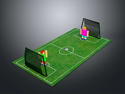 Video Game Characters Playing Soccer On Green Field With Goalposts And Ball 3d model