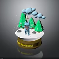 Snow Wonderland Scene With Round Base Cartoon Figure Green Trees Clouds And Snowflakes