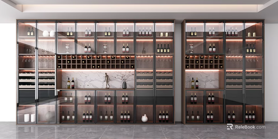 Elegant Modern Wine Cabinet With Glass Doors And Multiple Shelves For Wine Bottles And Glasses 3d model 
