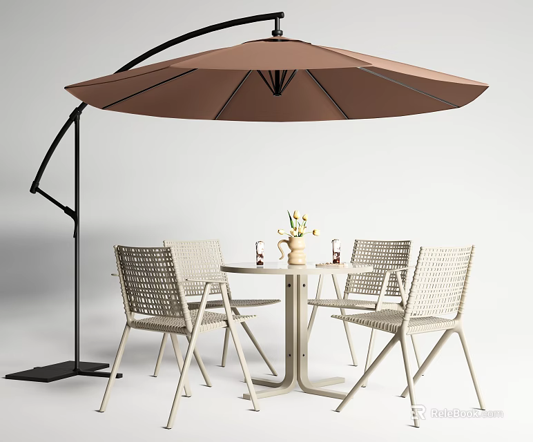 Outdoor Woven Table and Chair Set With Brown Cantilever Umbrella and Round Top 3d model 