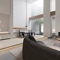 Modern Spacious Duplex Living Room With Round Coffee Table Blue Armchair Fireplace And Spiral Staircase