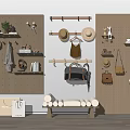 Functional Wooden Wall Decor with Pegboard Hanging Rods Hats Bags Towels and Bench