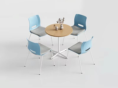 Modern Round Table And Blue Chair Set With Gray Cushions And Vase 3d model