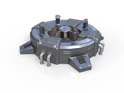 Futuristic Industrial Mechanical Device With Circular Base Metal Bolts Pipes And Vent Grilles 3d model
