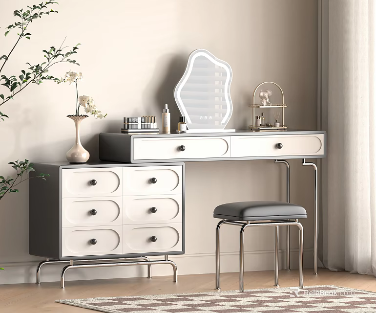 Elegant Dressing Table With Backlit Mirror Jewelry Holder Drawers And Padded Stool 3d model 