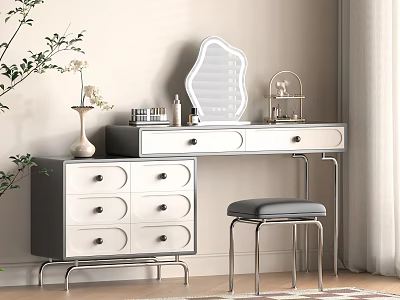 Elegant Dressing Table With Backlit Mirror Jewelry Holder Drawers And Padded Stool 3d model