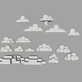 White Decorative Cloud Shapes And Step Structures 3D Models On Black Background