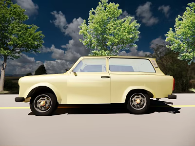 Vintage Yellow Car Parked Along Roadside With Green Trees And Blue Sky 3d model