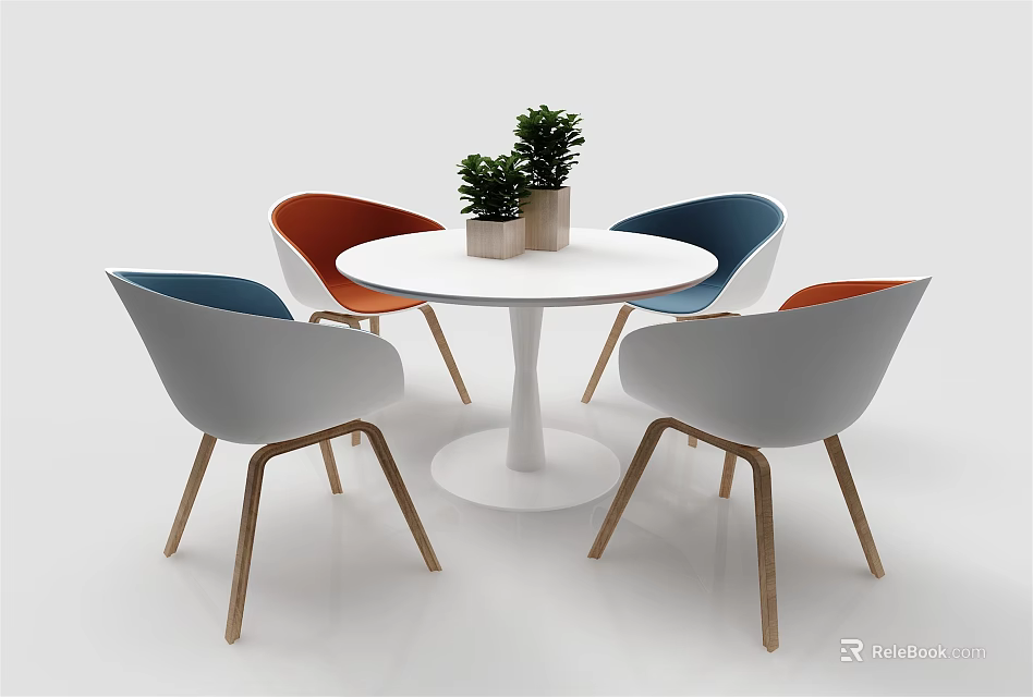 Modern Dining Table Set With White Round Table Colorful Chairs Wooden Legs And Potted Plants 3d model 