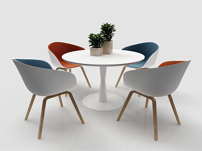 Modern Dining Table Set With White Round Table Colorful Chairs Wooden Legs And Potted Plants 3d model