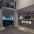 Modern Internet Cafe Interior Featuring Row Of Computers Blue Screens And Comfortable Chairs