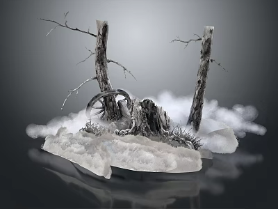 Surreal Winter Landscape With Bare Tree Trunks Metal Wheel And Ice Platform 3d model