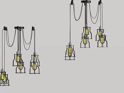 Modern Industrial Pendant Lights With Metal Frames And Warm Yellow Bulbs 3d model