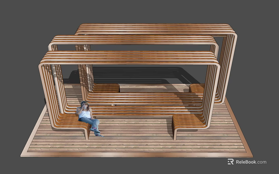 Modern Wooden Pergola With Geometric Frame And Bench Seats For Relaxation 3d model 
