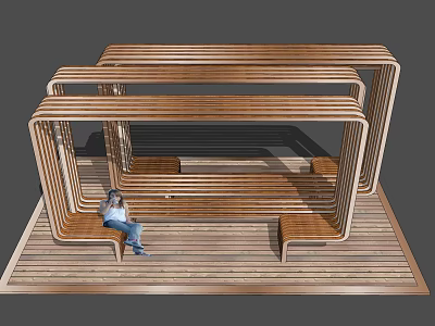 Modern Wooden Pergola With Geometric Frame And Bench Seats For Relaxation 3d model