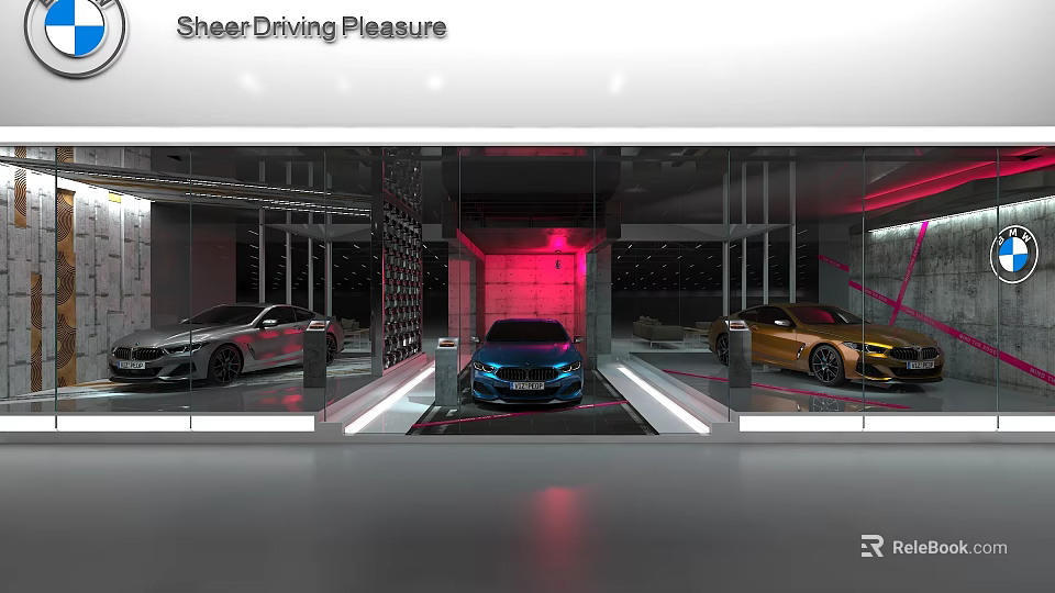 Car Dealership Showroom With Blue Gold Silver Cars Glass Display And Modern Lighting 3d model 