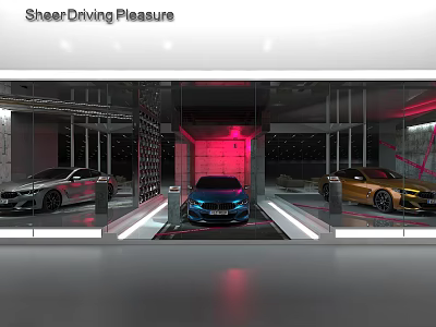 Car Dealership Showroom With Blue Gold Silver Cars Glass Display And Modern Lighting 3d model