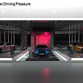 Car Dealership Showroom With Blue Gold Silver Cars Glass Display And Modern Lighting