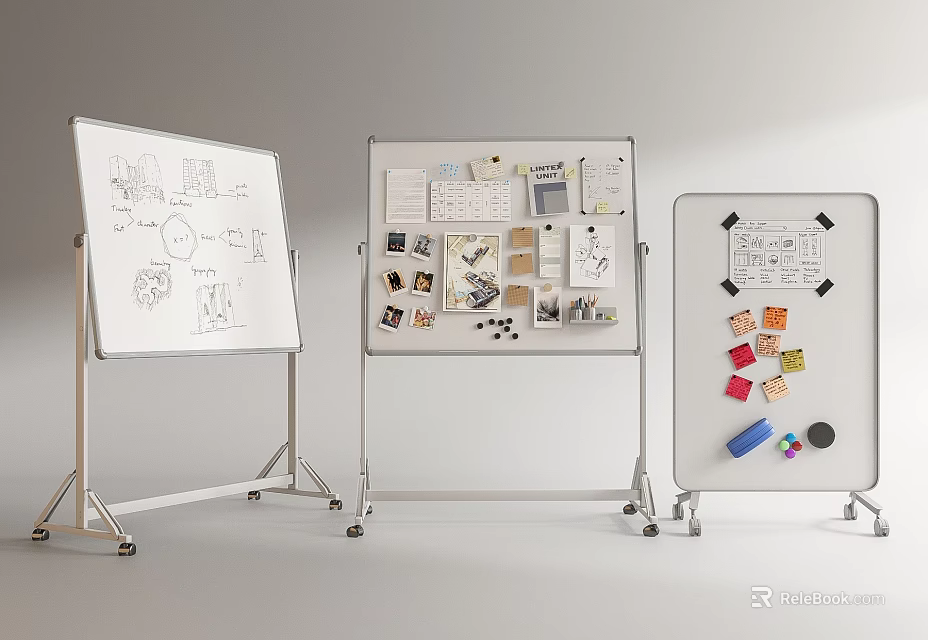 Three Whiteboard Stands Displaying Musical Instruments Art Supplies And Creative Drawings 3d model 