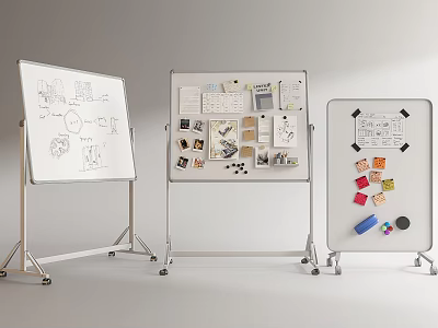 Three Whiteboard Stands Displaying Musical Instruments Art Supplies And Creative Drawings 3d model