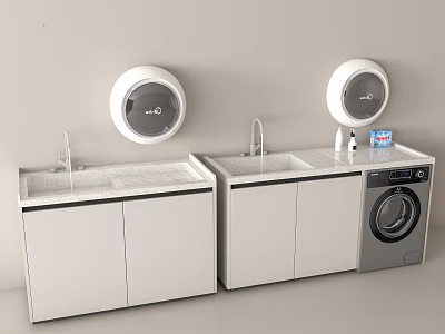 Modern Bathroom Vanity Cabinet with White Design Round Mirrors Faucets Countertops and Washing Machine 3d model