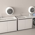 Modern Bathroom Vanity Cabinet with White Design Round Mirrors Faucets Countertops and Washing Machine