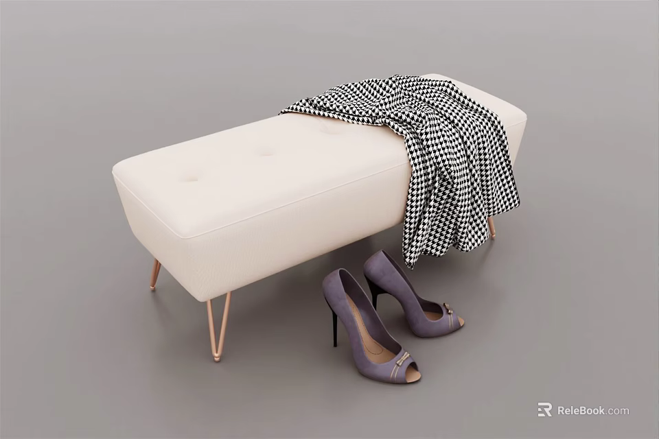 White Button Tufted Upholstered Sofa Bench With Black White Checkered Blanket And Purple High Heels 3d model 