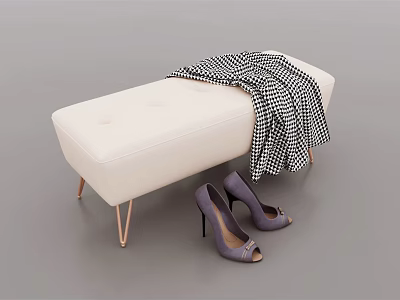 White Button Tufted Upholstered Sofa Bench With Black White Checkered Blanket And Purple High Heels 3d model