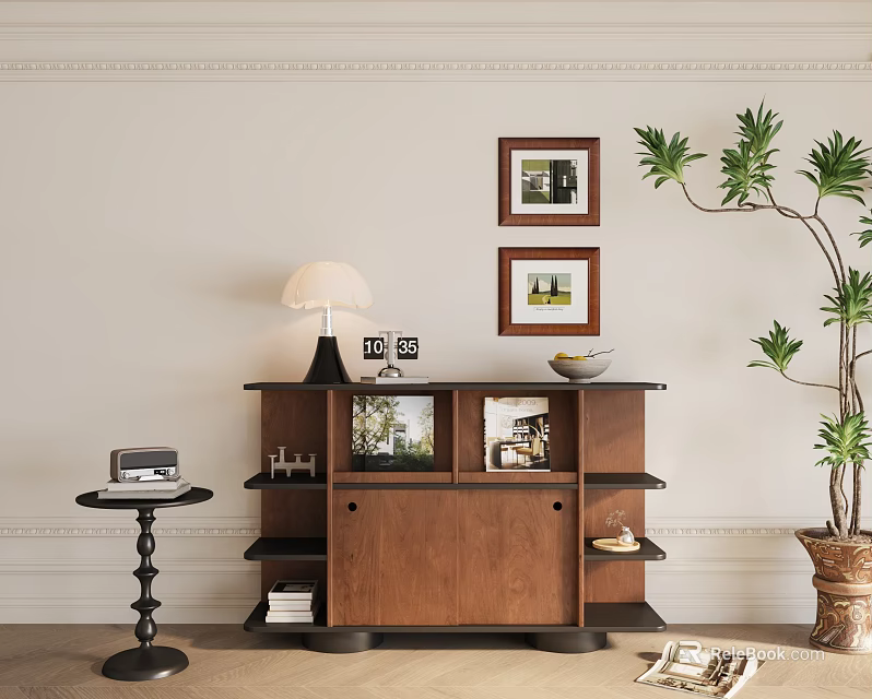 Modern Entryway Side Cabinet Interior With Table Lamp Framed Photos And Potted Plant 3d model 